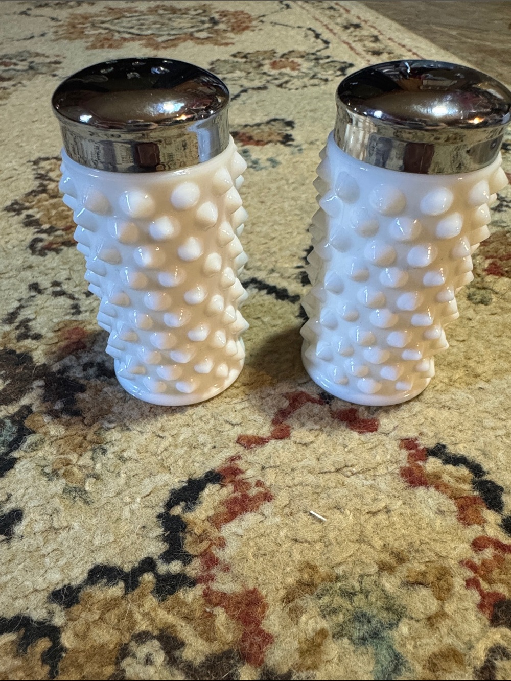 Fenton White Hobnail Glass Salt and Pepper Shakers with Silver Tops